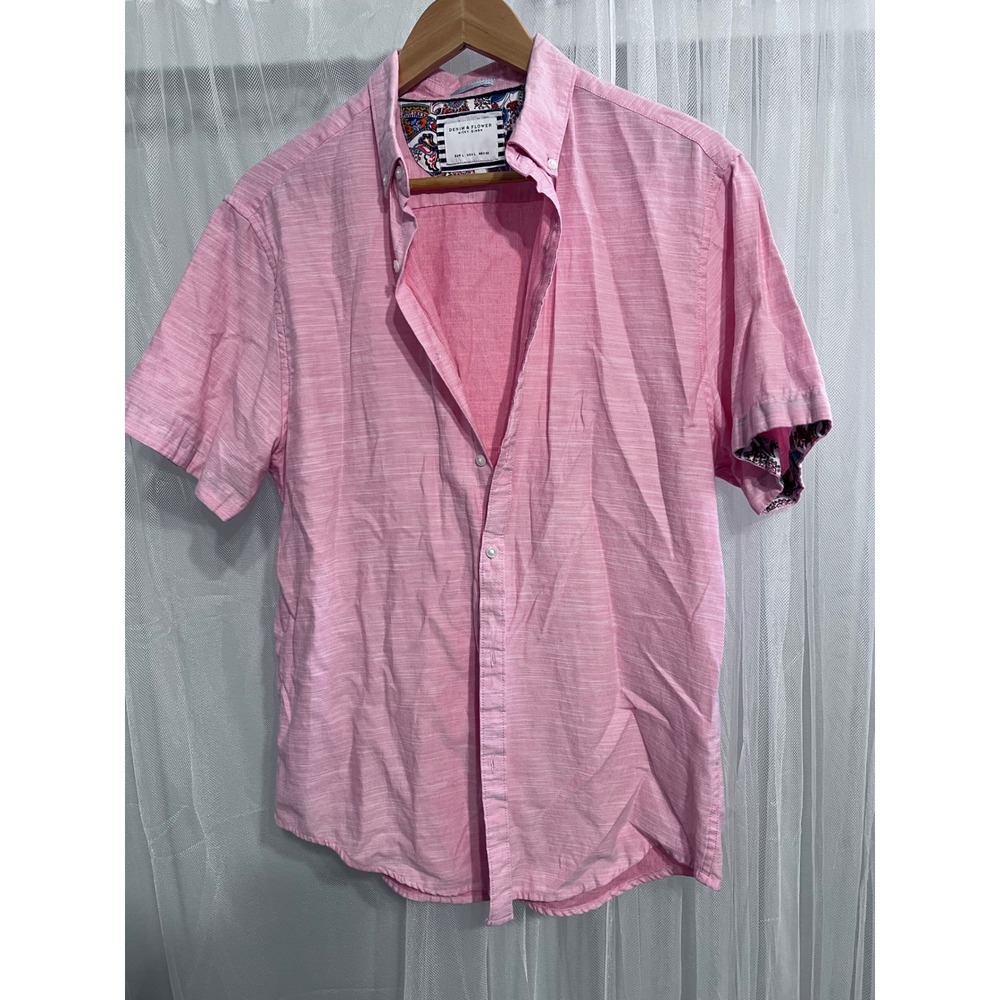 Denim & Flower Ricky Singh Mens Large Pink Slub‎ Short Sleeve Button Down Shirt